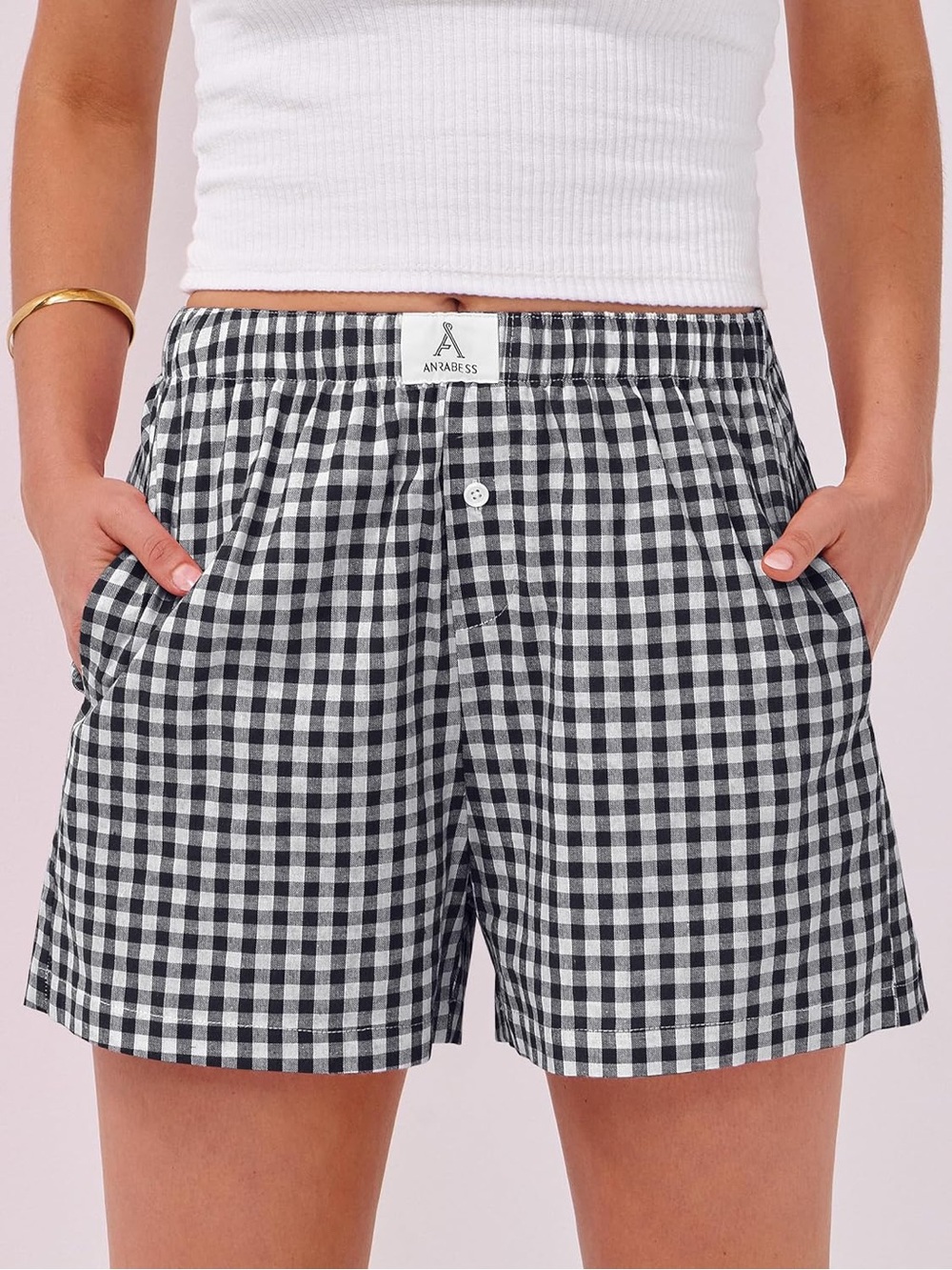 ANRABESS Black and White Gingham Athletic Shorts